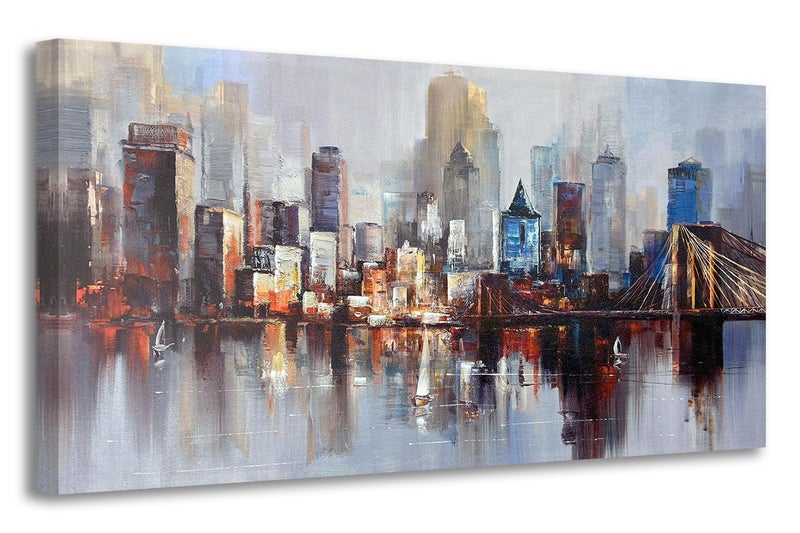 Arjun Brooklyn Bridge Wall Art for Living Room, Modern New York City Abstract Cityscape Canvas Painting, NYC Skyline Textured Picture Bedroom Artwork Home Office Wall Decor Extra Large Framed 58"x29" - Image 2